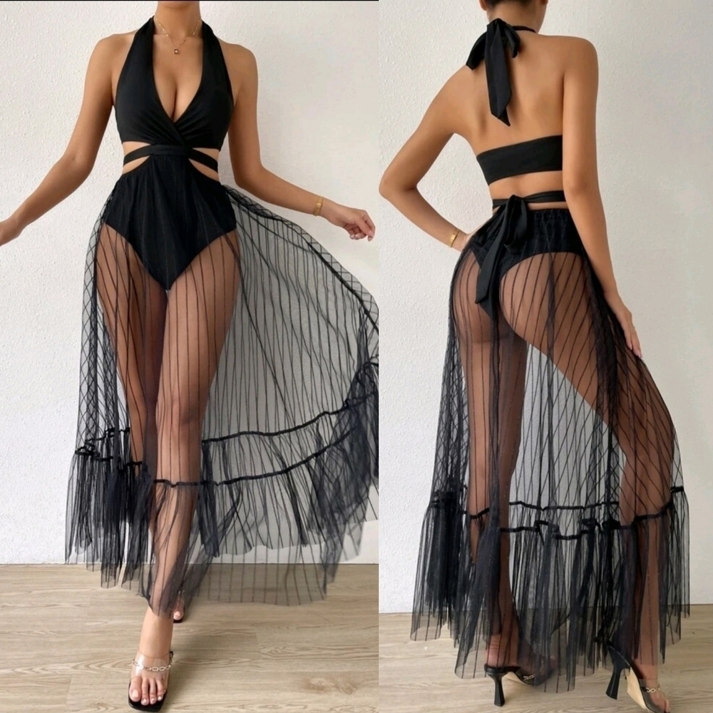 TIE BACKLESS MESH OVERLAY RUFFLE HEM HALTER DRESS WITH BODY SUIT